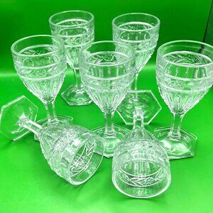 Vintage Cut Glass Cordial Sherry Goblet Glasses Hexagonal Base Floral Set of 7